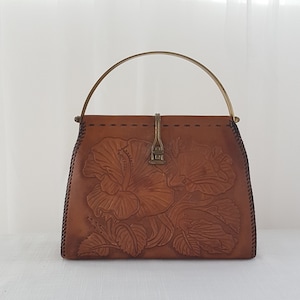 Vintage Floral Stamped Faux Leather Purse, Top Handle Purse with Metal Handles, Metal Twist Lock Front Closure