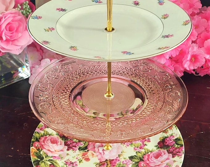 Elegant 3-Tier Floral & Pink Glass Cake Stand: Afternoon Tea Dessert Serving Tray