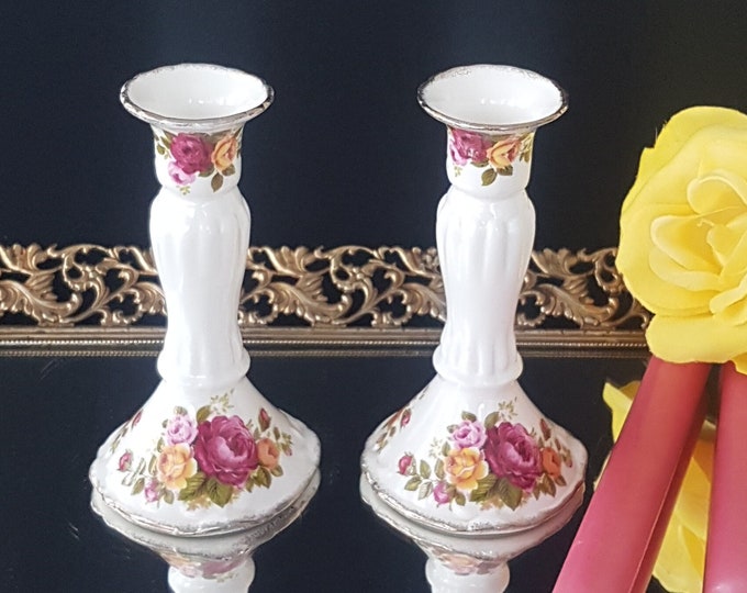 Vintage Candle Holder, Porcelain COTTAGE ROSE, Candlesticks, Fine Bone China, Pink Red Yellow Roses, Gold Trim, Made in Taiwan, 1980s