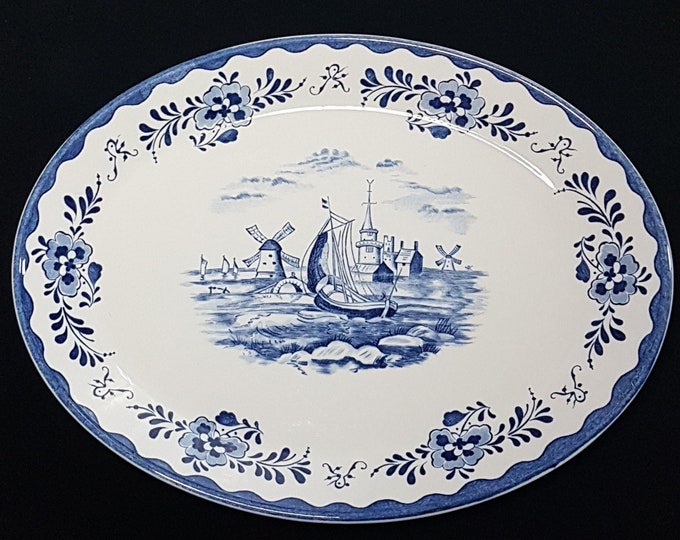 Johnson Brothers HOLLAND Blue Scenes, 12 x 9 Serving Platter, Dutch Theme Blue Transferware on White Ironstone