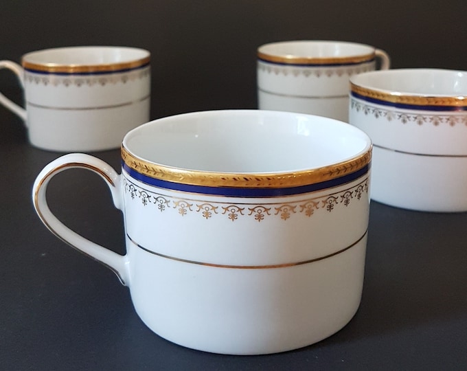 Vintage Tea Cup, Coffee Cups, Set of 4 in Royal Vienna, Pattern RVG2, Blue Band, Gold Laurel Leaf,