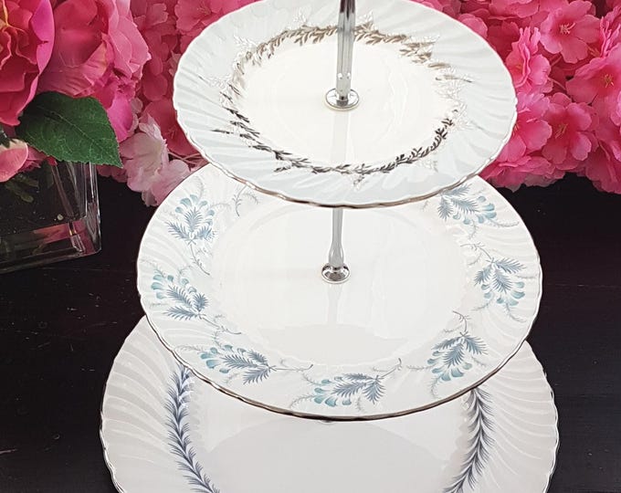 3 Tiered Cupcake Stand Vintage Bone China Gray Silver Dessert Tray