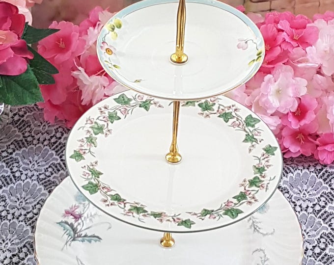 Elegant 3-Tier Floral Cake Stand: Mismatched Plates for Afternoon Tea, Desserts & Parties