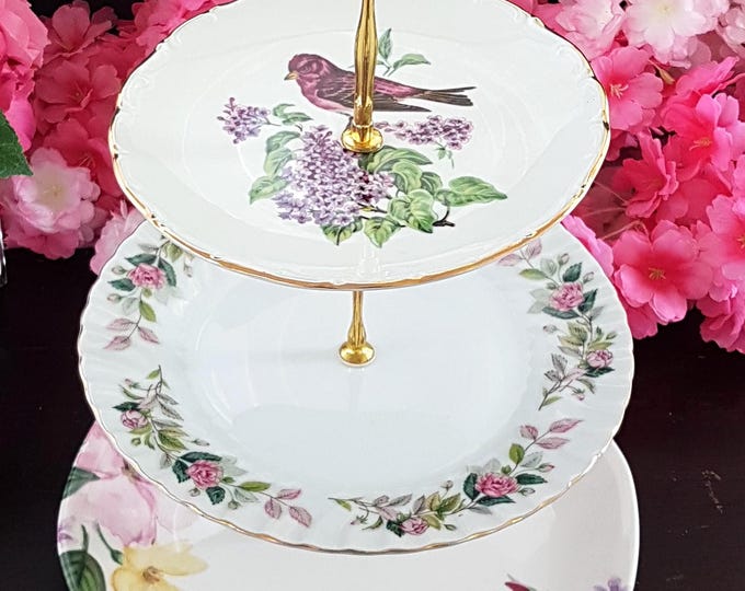 Handcrafted 3-Tier Floral & Bird Cake Stand: Elegant Dessert Server for Weddings, Parties and High Tea