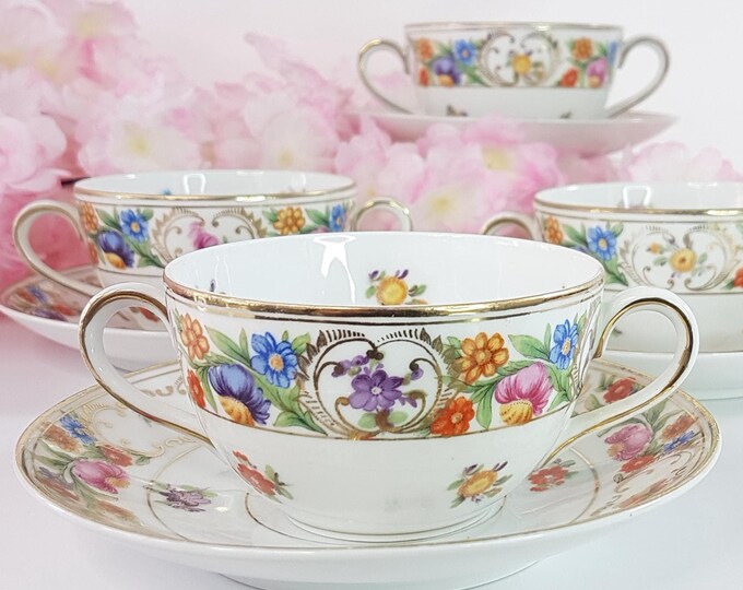 Vintage Dresden Style Porcelain Bouillon Soup Cup or Double Handled Tea Cup with Gift Options