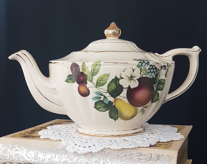 Vintage James Sadler Teapot, Fruit Flowers on Cream Off-White, 4 Cups, Sadler 3587, Made in England