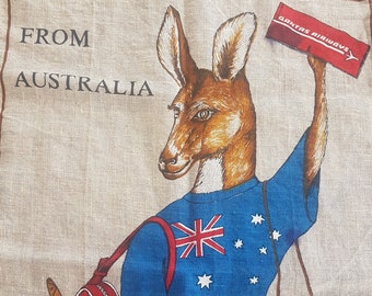 Vintage Quantas Airways Australia Souvenir Tea Towel, Linen, Kangaroo and Joey, 31x17 inch