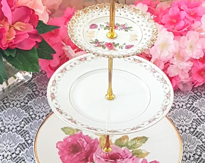 Elegant Pink Rose 3-Tier Porcelain Cake Stand for Wedding, Bridal Shower & Dessert Serving