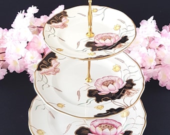 Handmade Water Lily Ironstone 3 Tier Cake Stand - Vintage English Serving Tray