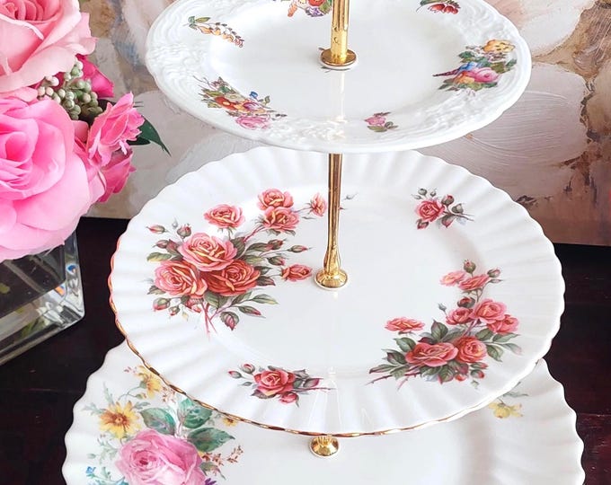 3 Tiered English Bone China Dessert Server Tea Party Floral Cake Stand