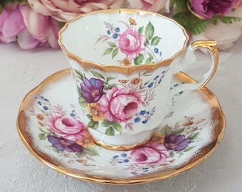 Vintage Taylor & Kent Elizabethan Tea Cup and Saucer: Fine Bone China, Pink Roses