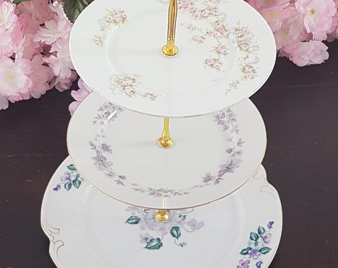 3 Tier Serving Tray of Pink Mauve Mismatched Floral Plates, Porcelain Cake Stand