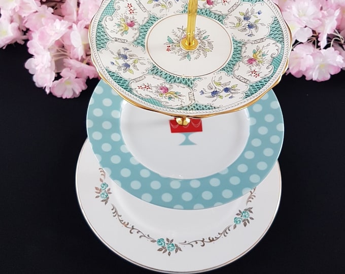 3 Tier Cake Stand, Mismatched Blue Plates, Cake Boss, Bone China, Birthday, Tea Party, Serving Tray