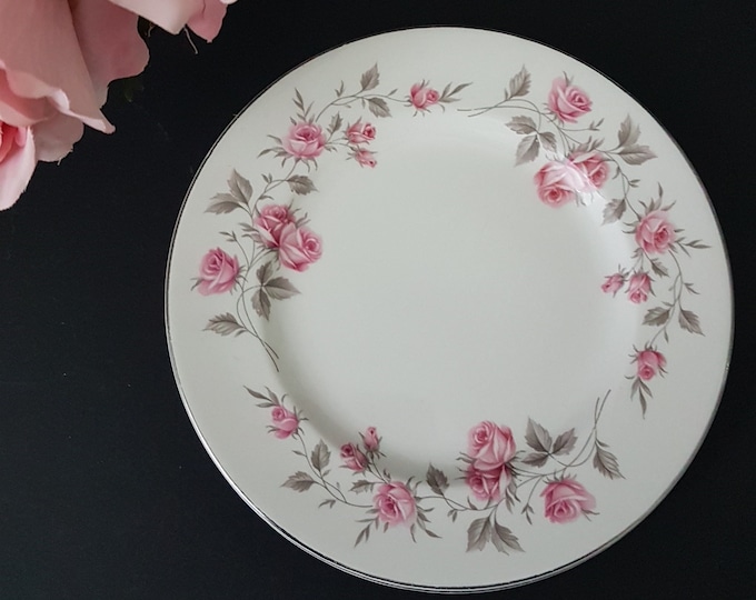 Johnson Brothers RHAPSODY Salad Plates, 8 Inch, Set of 4,  Pink Roses, Gray Leaves, Platinum Edge, Made in England