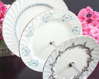 Vintage Bone China 3-Tier Cake Stand: Gray & Silver Dessert Tray, English Plates