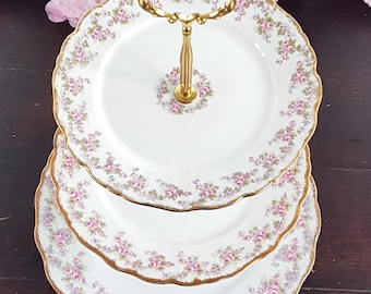 Limoges 3 Tier Cake Stand, Pink Bridal Wreath Rose Tiered Plates, Bridgerton Dessert Stand, Serving Tray