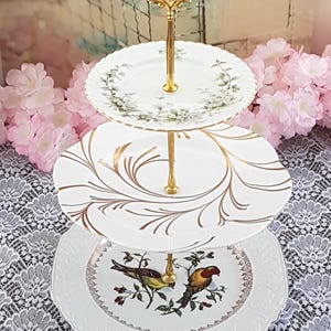 Handmade 3 Tier Cake Stand, One of a Kind Floral & Birds Tiered Dessert Stand, Unique Serving Tray