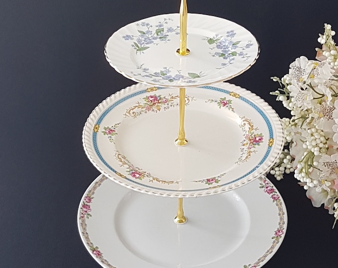 3 Tier Cake Stand, Vintage Mismatched Plates, Pink and Blue Floral, Limoges, Afternoon Tea Party, Serving Tray