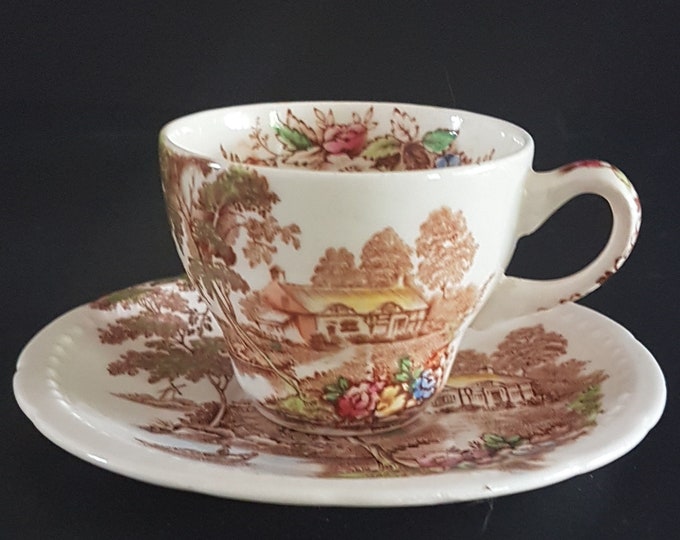 Swinnertons THE FERRY Demitasse Tea Cup & Saucer, Brown Transferware River Scene on Ironstone, Staffordshire England, 1940s