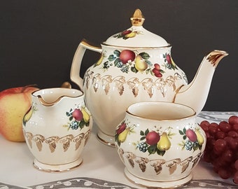 Teapot Set, Vintage Sadler Teapot Cream & Sugar Set, 5 Cup Tea Pot, Cottagecore Autumn Fall Decor, Made in England, 1950s