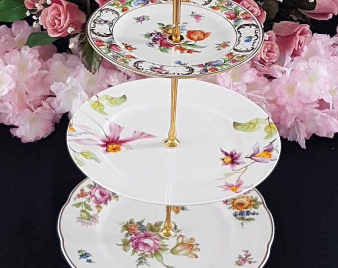 3 Tier Cake Stand Mismatched Floral Tiered Plate Dessert Stand for Weddings or Tea Parties