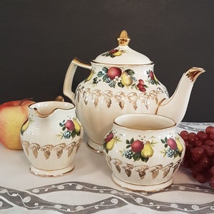 Vintage 1950s Sadler Teapot Cream & Sugar Set, 5 Cup Made in England, Autumn Fall Decor