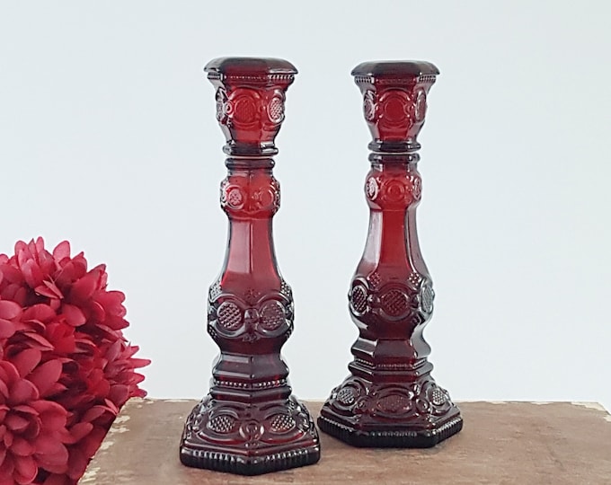 Vintage Avon Cape Cod Ruby Red 8.75 inch Tall Candlestick Holders