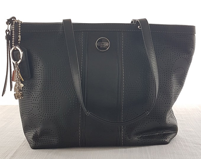 Vintage COACH Black Perforated Leather Tote Bag, A1382-F21941, Black Leather Shoulder Bag