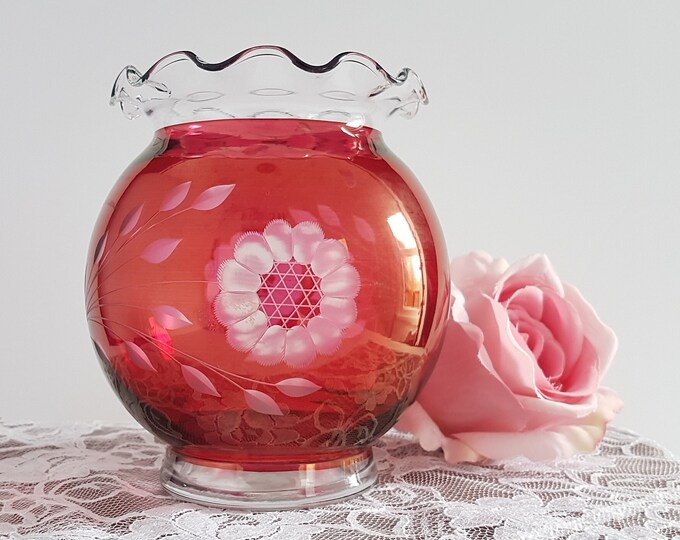 Cranberry Cut Glass Rose Bowl Vase with Etched Cornflower, Original Sticker Hand Crafted Canada