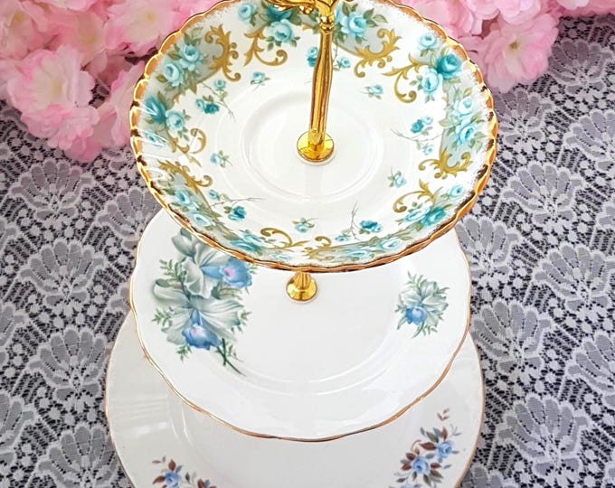 Blue and White Floral 3 Tier Cake Stand Bone China Handmade Tiered Serving Tray for Tea Party or Wedding Decor