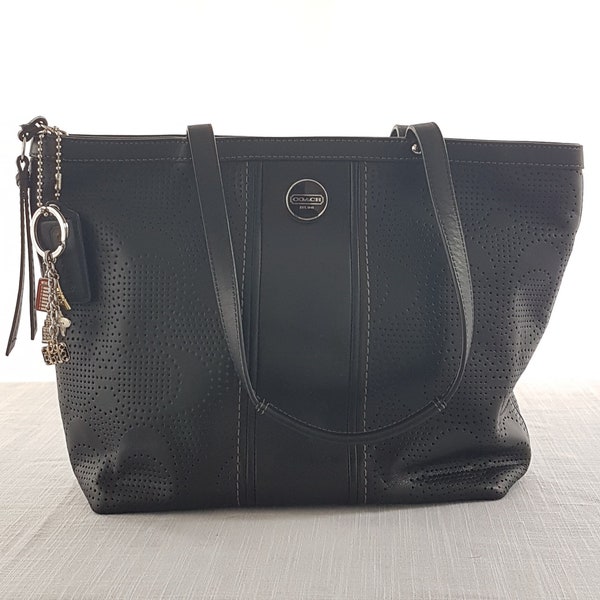 Vintage COACH Black Perforated Leather Tote Bag, A1382-F21941, Black Leather Shoulder Bag