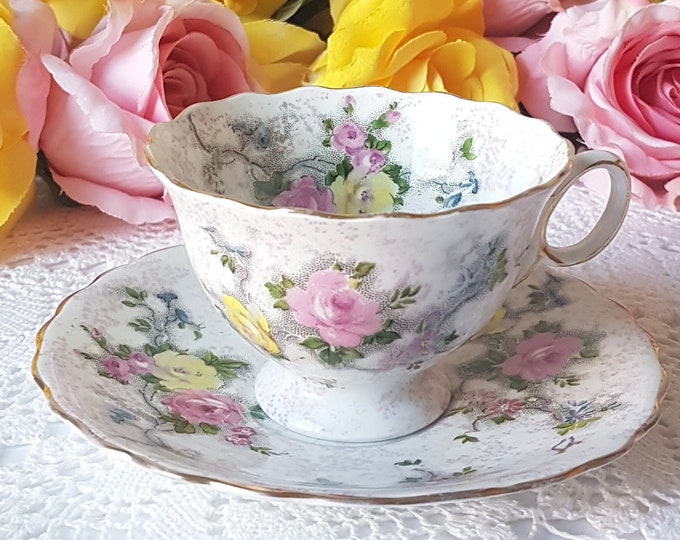 Atlas China Co, Vintage Tea Cup and Saucer, Hand Painted Floral, Wide Mouth Cup Gold Trim, Grimwades Stoke on Trent, Made in England, 1906+