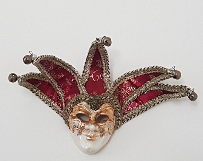 Venetian Jolly Jester Mask, Hand Painted, Venice Italy, Vintage Wall Hanging Venetian Carnival Mask,  9 x 6 Inch, Red Gold