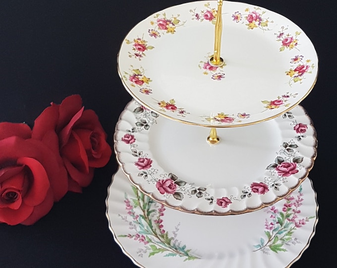 3 Tier Cake Stand, Mismatched Vintage Floral Plates, Birthday Gift for Her, Tea Party, Serving Tray