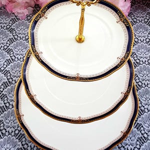 Handmade Noritake Bone China 3-Tier Cake Stand: Lady Eve, Gold & Cobalt Blue