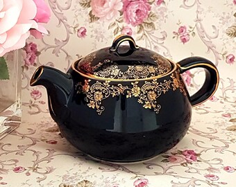 Vintage Cobalt Blue Tea Pot with Gold Floral Overlay, 4 Cup, Unmarked