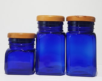 Set of 3 Cobalt Blue Glass Canister Jars with Wood Lids, Vintage Apothecary Jars, Blue Kitchen Storage Jars