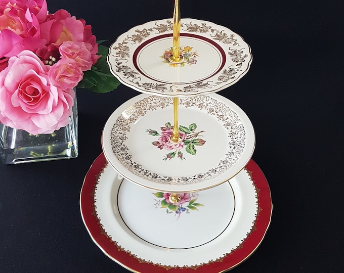 3 Tier Cake Stand, Mismatched Vintage Plates, Burgundy Red, Pink Roses, Tea Party Serving Tray