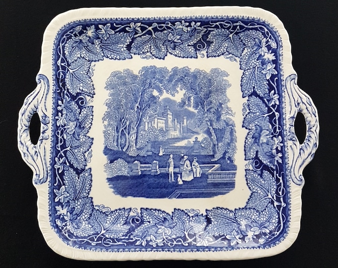 Masons VISTA Blue Transferware, Vintage Ironstone Square Platter with Handles, Made in England, 1940s