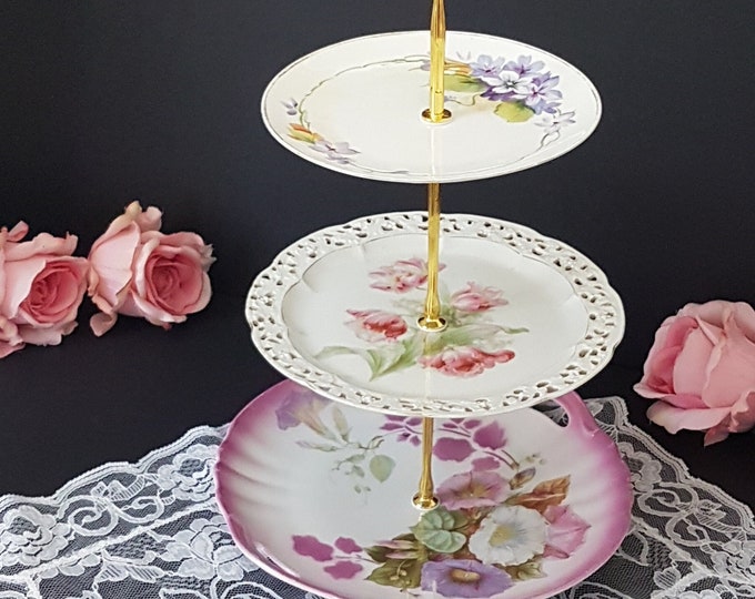 3 Tier Cake Stand, Mismatch China, Floral Vintage Plates, Morning Glory, Tulips, Violets, Afternoon Tea Party, Cupcake Dessert Stand