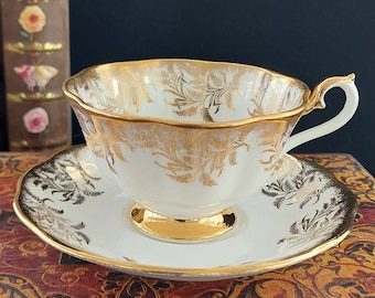 Royal Albert Teacup, Bone China Tea Cup and Saucer, Avon Shape, Gold Fern Leaf, Heavy Gold Brushing Trim, Scalloped Edge