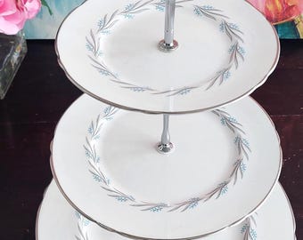Bone China 3-Tier Dessert Stand – Grey Mist English Plates, Customizable Hardware
