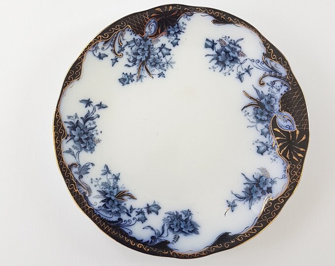 Antique Flow Blue Plate, Grimwades FLANDERS Pattern, Stoke Pottery England, 1900-1906