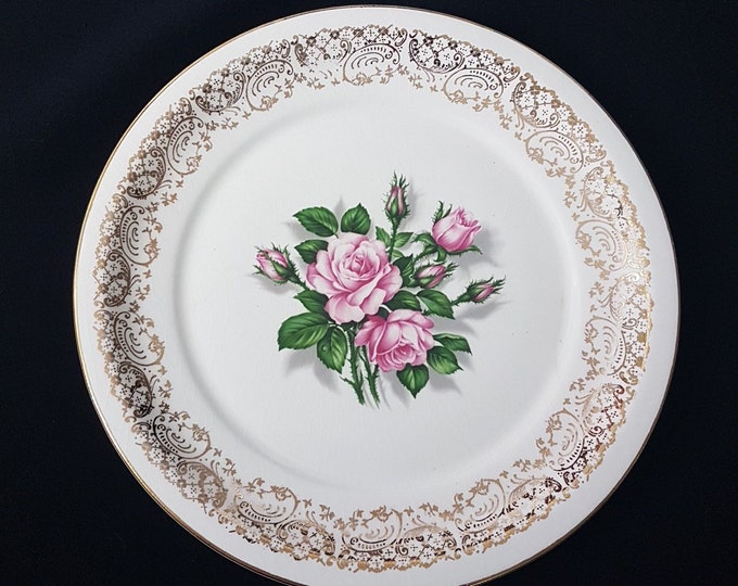 Georgian China TUDOR ROSE, Set of 4 Vintage Dinner Plates, 9.25 Inch, Pink Rose Center on Ivory