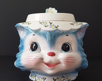 Vintage Lefton Miss Priss Cat Cookie Jar: Blue Floral Hat, Retro Kitsch Decor