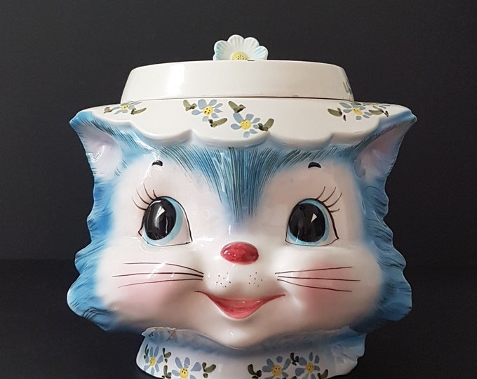 Vintage Lefton MISS PRISS Cookie Jar, Blue Cat with Floral Hat, Made in Japan, Retro Kitsch Decor, 1950s
