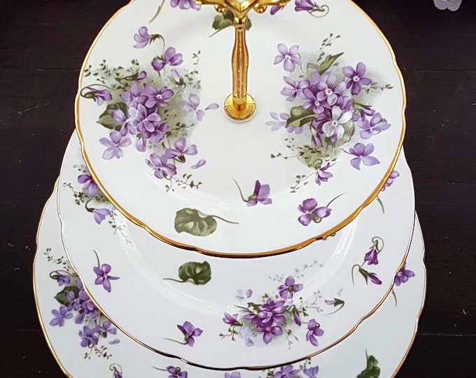 Handmade 3 Tier Cake Stand Hammersley Victorian Violets Bone China Tiered Dessert Stand for Elegant Wedding Decor or Gifts