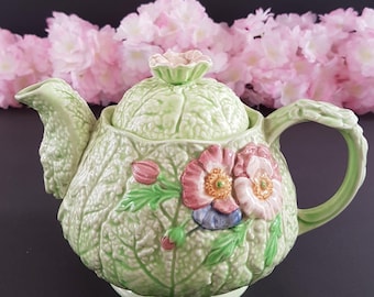 Mid-Century Melba Ware Green Floral Majolica Vintage Teapot