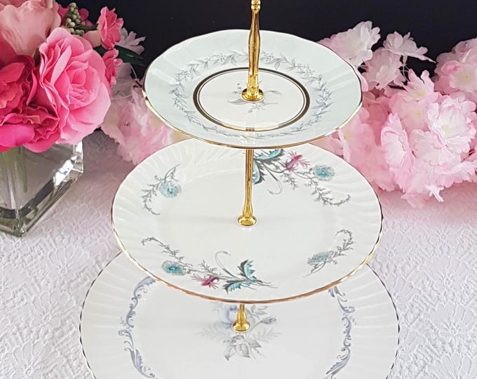Handmade 3 Tier Mismatched Bone China Cake Stand Unique Serving Tray for Tea Parties, Gifts & Serving Treats