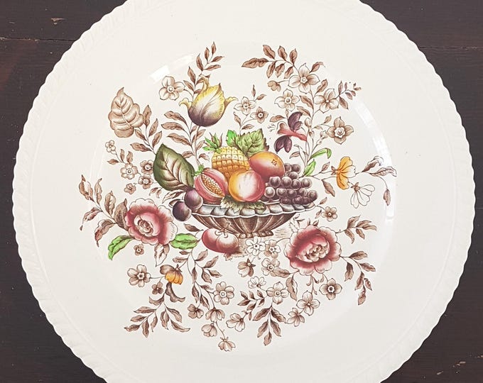 4pc Johnson Brothers PONOMA Dinner Plate Set, Windsor Ware Brown Transferware Fruit Flowers in Urn
